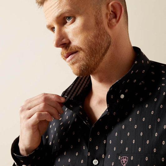 ARIAT MENS WRINKLE FREE SHIRT PRNT BLK