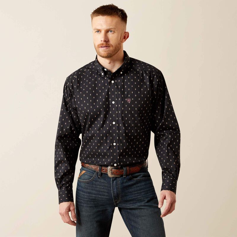 ARIAT MENS WRINKLE FREE SHIRT PRNT BLK
