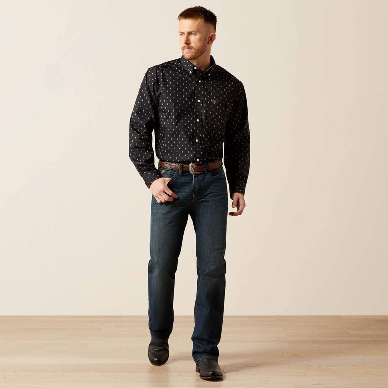 ARIAT MENS WRINKLE FREE SHIRT PRNT BLK
