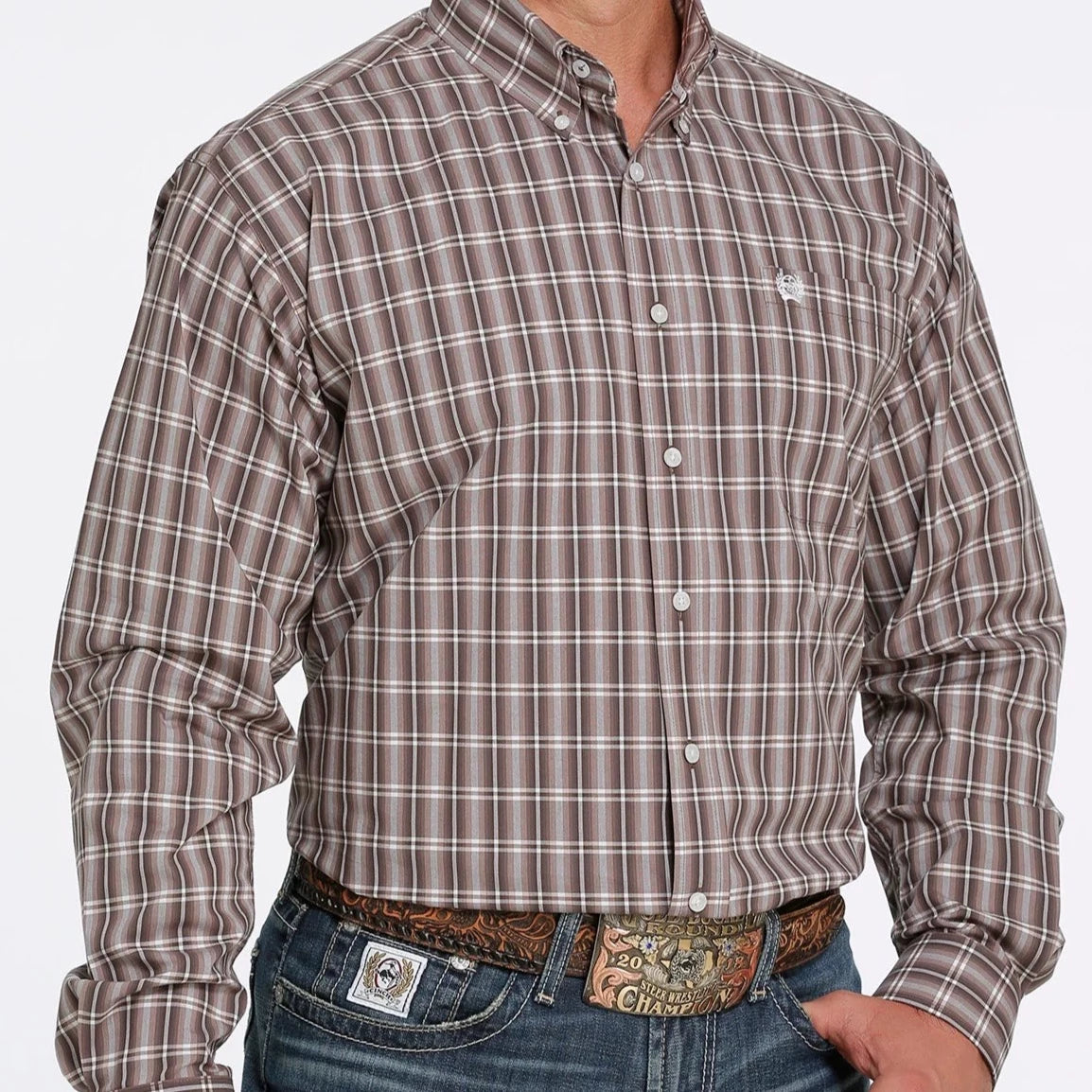 CINCH MNS LS SHRT BRN PLAID