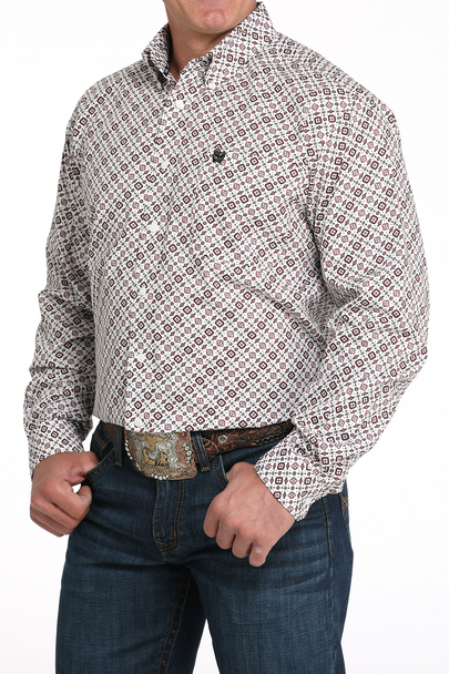 CINCH MENS LS SHRT WHITE GEO PRINT