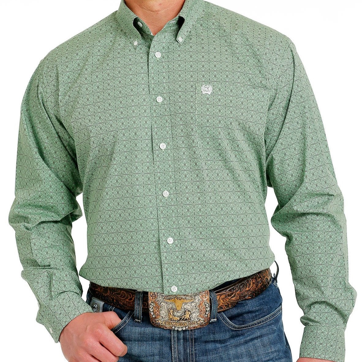 CINCH MENS GREEN PRINT LONGSLEEVE