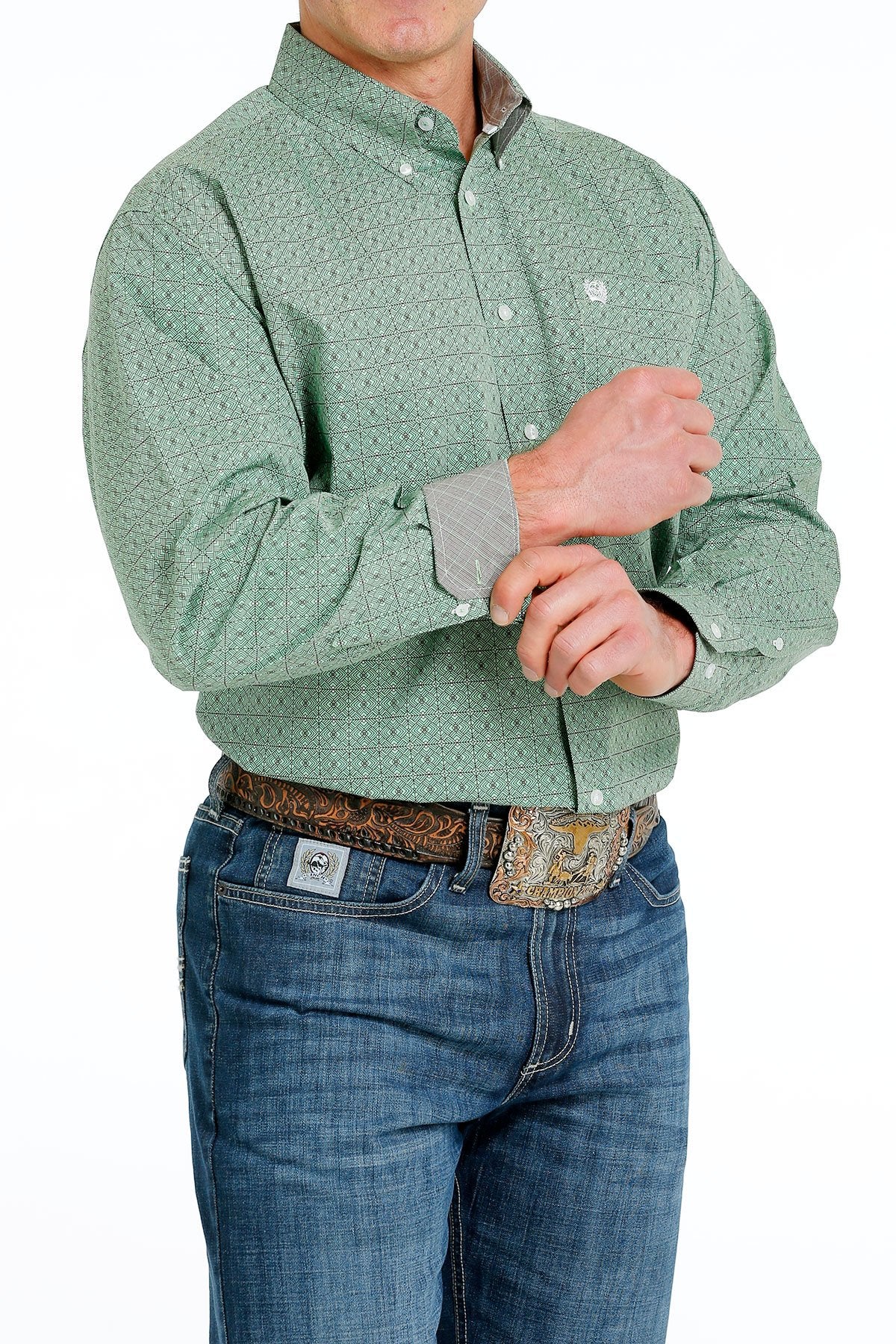 CINCH MENS GREEN PRINT LONGSLEEVE