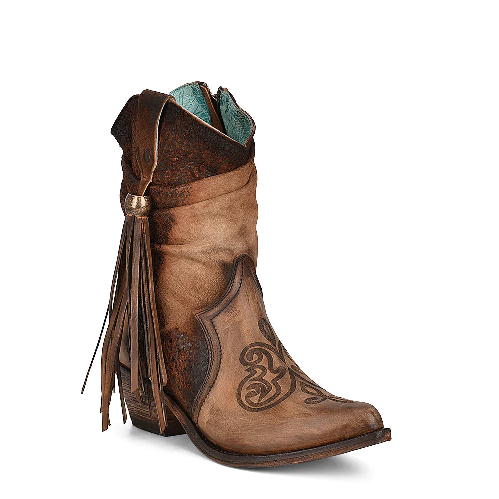 ALMOND LAMB ZIPPER/FRINGE ANKLE BOOT