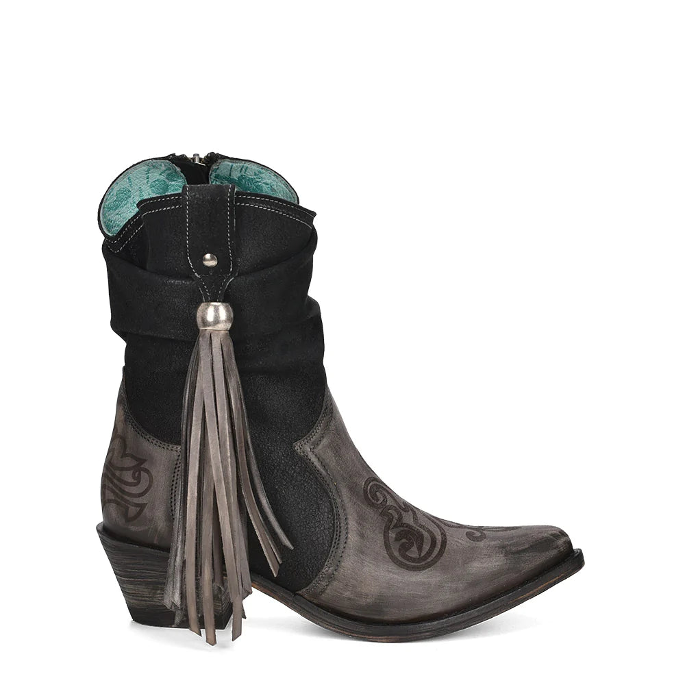 GREY LAMB ZIPPER & FRINGE ANKLE BOOT