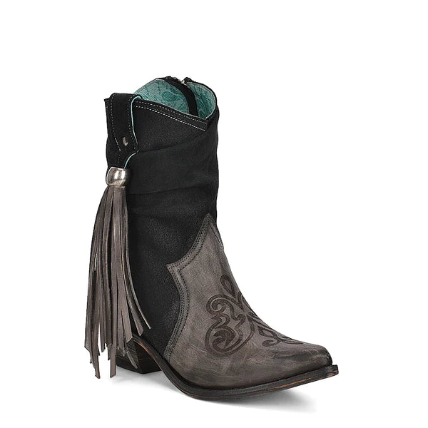 GREY LAMB ZIPPER & FRINGE ANKLE BOOT