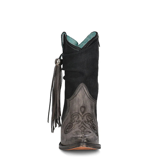 GREY LAMB ZIPPER & FRINGE ANKLE BOOT