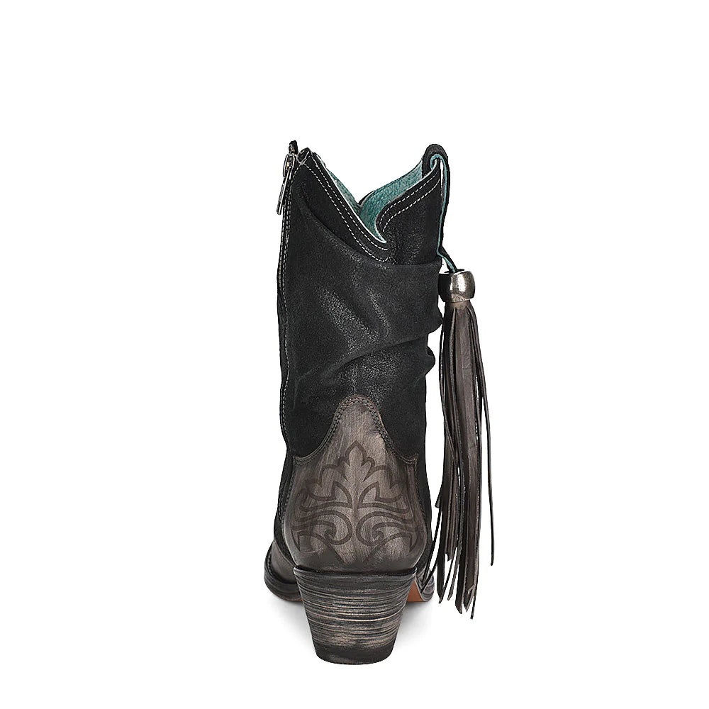 GREY LAMB ZIPPER & FRINGE ANKLE BOOT