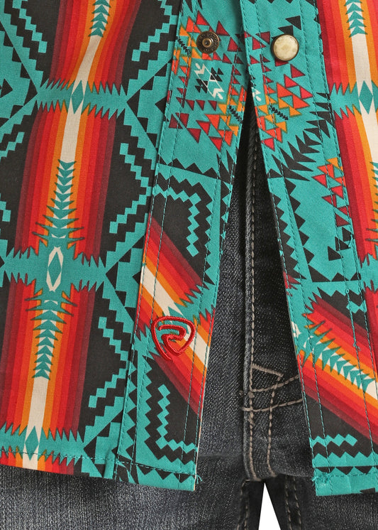 ROCK & ROLL LS SHRT AZTEC PRNT TEAL