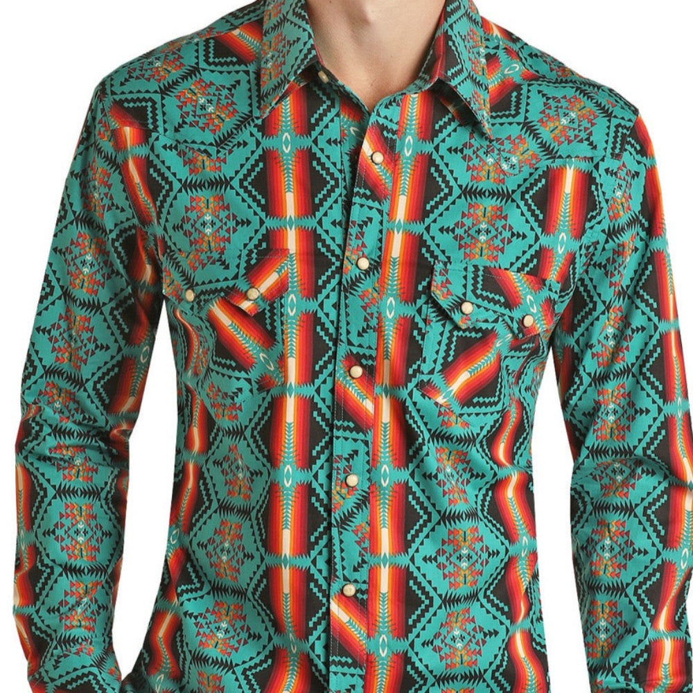 ROCK & ROLL LS SHRT AZTEC PRNT TEAL