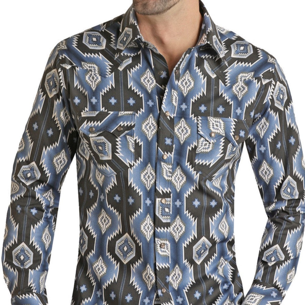 ROCK & ROLL MNS LS AZTEC SHRT BLUE