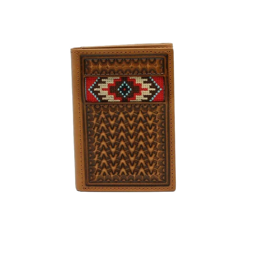 Ariat Tan Embroidered Tri-fold Rodeo Wallet w/ Aztec Inlay
