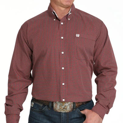 CINCH MENS LS SHRT PRINT RED GEO PRINT