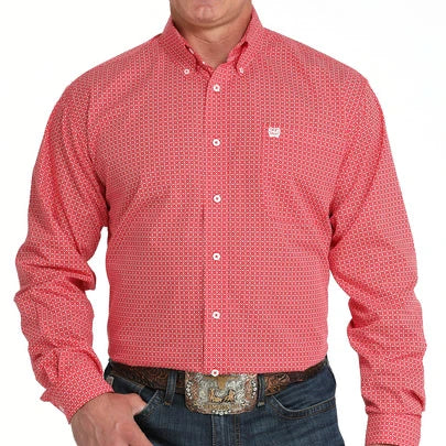 CINCH MENS RED LS SHRT PRNT