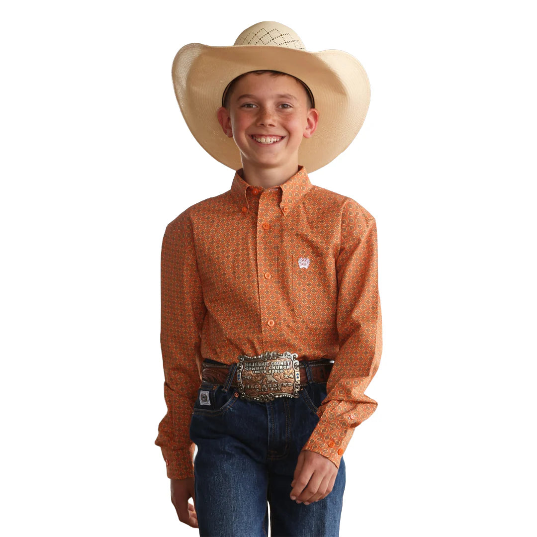 CINCH BOYS LS SHIRT ORANGE PRINT